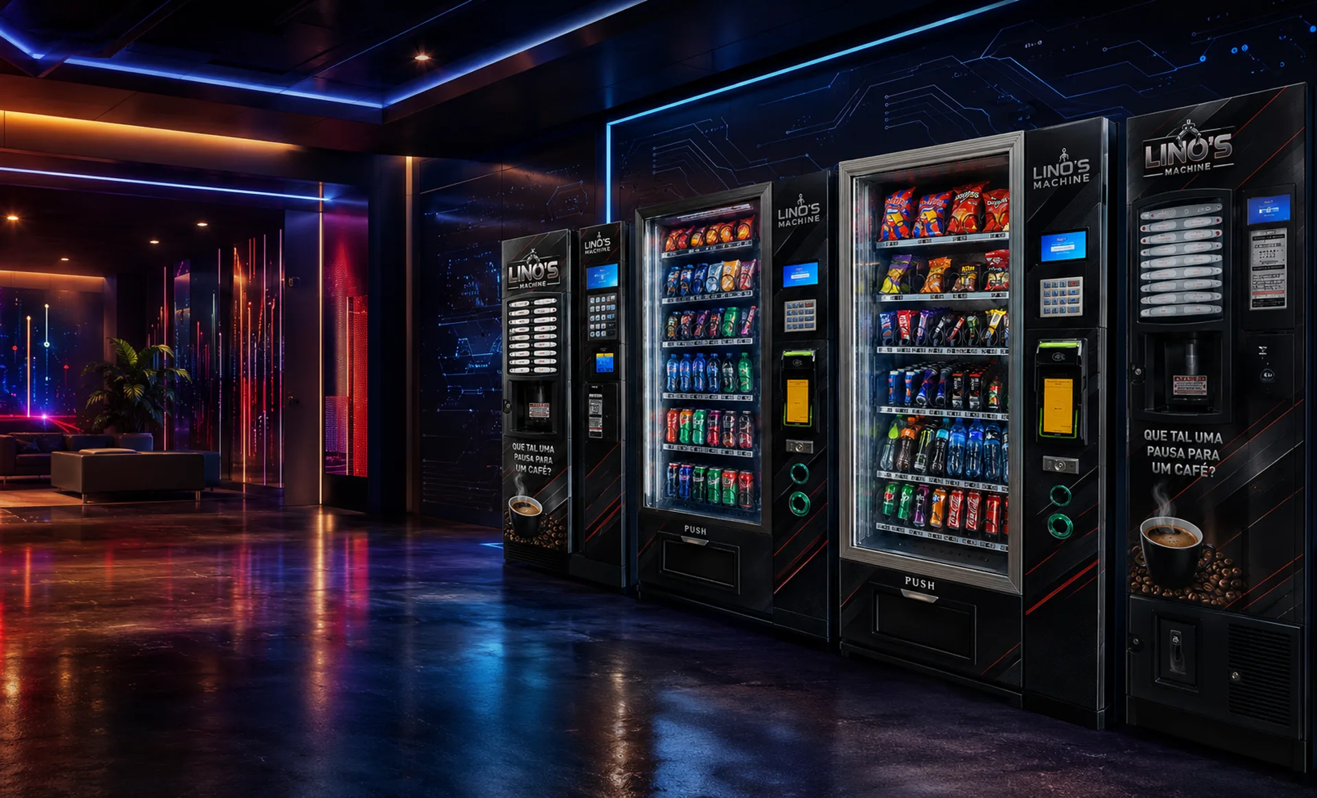Showroom tecnológico com máquinas Lino's Machine de café, snacks e bebidas