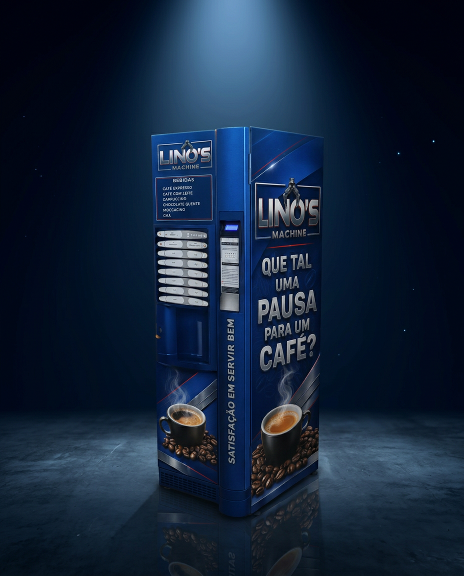 Máquina de café azul plotada com a identidade Lino's Machine