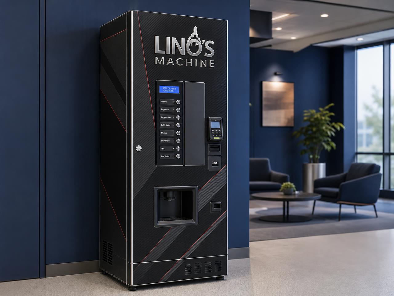 Máquina de café de autoatendimento instalada em ambiente corporativo com iluminação bronze