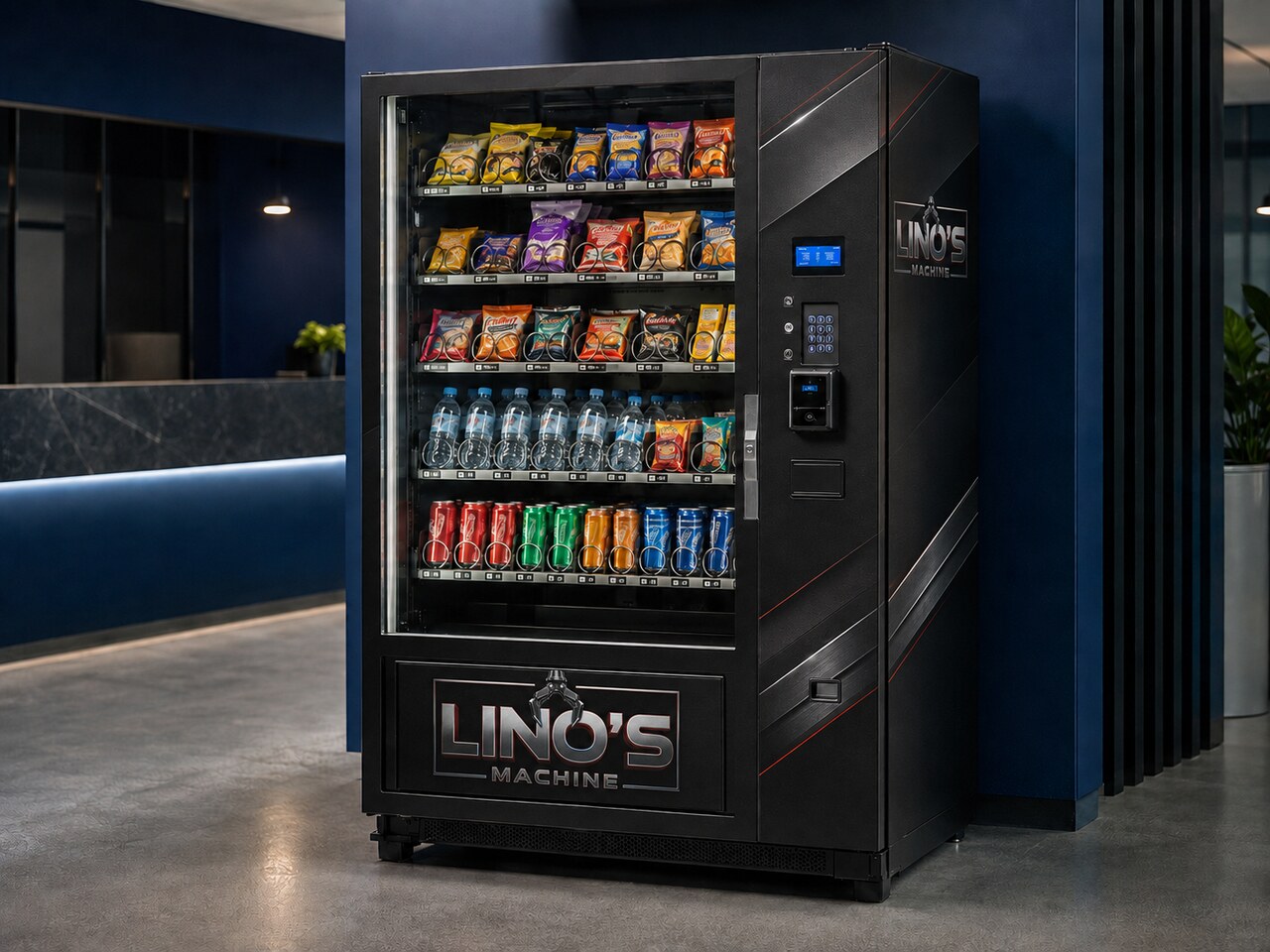 Vending machine de snacks e bebidas iluminada